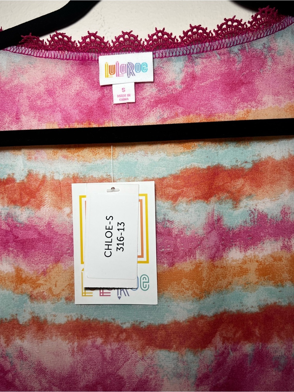 LuLaRoe Pink, Orangey & Light Blue Watercolor Striped Bohemian Overlay - Picture 3 of 6